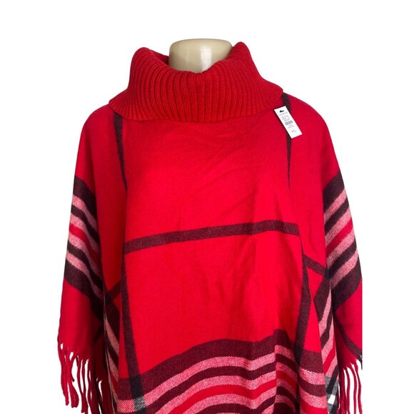Talbots Women's Red Plaid Poncho With Fringe Hem & Turtleneck Sweater Sz M/L-NEW - Picture 5 of 8